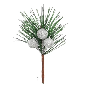 Christmas pine needle pick with red berries and silver glitter baubles for festive decor