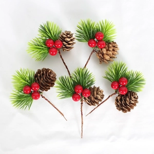 Artificial Christmas Pine Needle Red Berry Pine Cone Pick For DIY Wreath Xmas Tree Holiday Gift Box Decoration