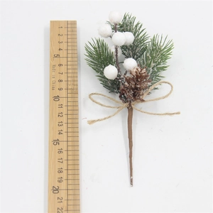 Close-up of 15cm Christmas pick with pine cones, frosted berries and hemp rope bow