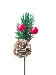 Detail of green pine needles with red berries and a snow-dusted pine cone ornament