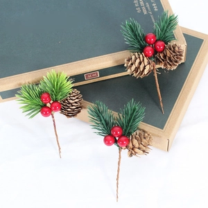 Artificial Christmas pine needles with red berries and pinecones for gift box decor