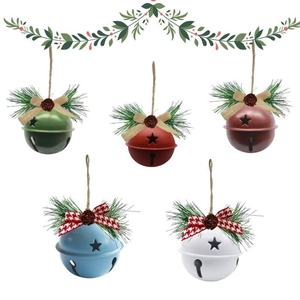 Iron Christmas Bell Ornaments With Plaid Bow Pine Cone Pine Needles Star Hollow Hanging Decoration For Christmas Tree Home