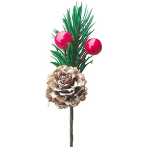Artificial Christmas pine pick with red berries and snow-covered pine cone on white
