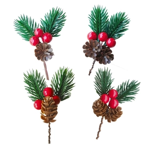 Artificial Christmas Pine Branch Pick With Pine Cone Red Berry For Holiday Wreath DIY Xmas Gift Box Decoration Home Ornament