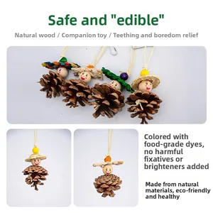 Détail de jouet pour oiseau avec pomme de pin naturelle, perles en bois et chapeau