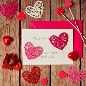 Handmade Valentine's greeting card set with red wicker hearts on dark wood background