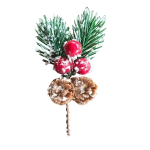 Artificial Christmas pine needles with red berries and pine cones covered in faux snow