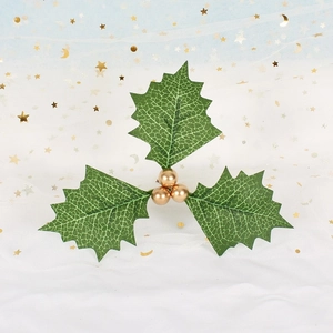 Artificial Christmas holly leaves with golden berries for holiday craft and floral decor