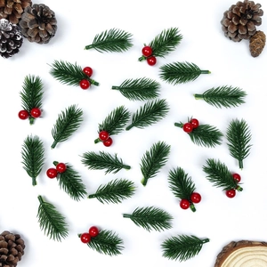 Mini 6cm pine needle branches with red berries for Christmas DIY decor and gift box crafts