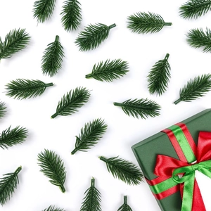 Mini 6cm pine needles with red berries on white background for Christmas DIY decor