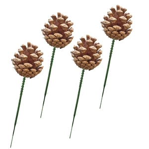Set of 4 natural pine cones on long green wire stems for Christmas DIY floral decoration
