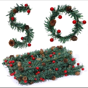 Christmas garland with pine cones and red berries flexible for holiday staircase decor