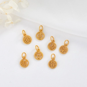 Pendentifs en Laiton Plaqué Or Caractères Chinois DIY Rond Creux Caractère Fu Porte-Bonheur pour la Fabrication de Bijoux Bracelet Collier