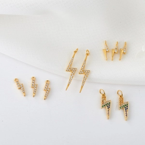 14K Gold Plated Copper Lightning Bolt Pendant With Zirconia For DIY Necklace Earring Making Minimalist Jewelry Accessory