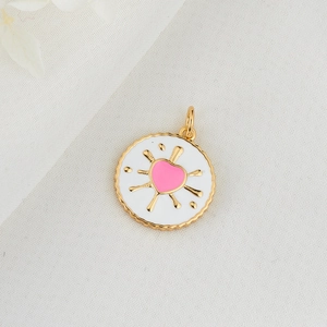 Minimalist 14k gold plated round heart pendant with white enamel and pink heart detail