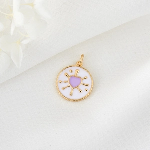 Minimalist 14k gold-plated round pendant with white enamel and purple heart design