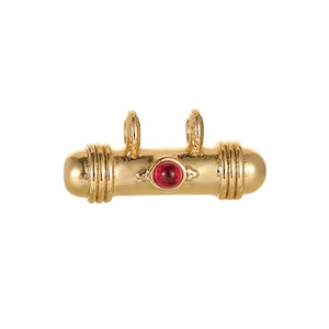 14K gold plated cylindrical pendant featuring micro-set red gemstone and double rings