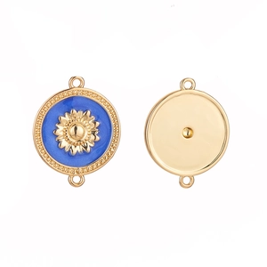 Goldener Sonnenblumen-Emaille-Verbinder mit blauer Einlage und Doppelschleifen für Schmuck