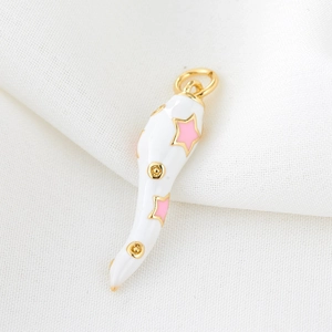 Pastel cow print horn pendant in white and pink enamel for DIY necklace making
