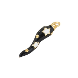 Italian cornicello pendant in black enamel with white stars and gold-tone metal accents