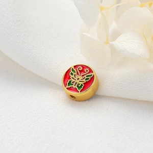 Golden round bead with red enamel butterfly design for DIY jewelry making