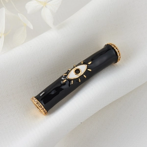 Evil eye cylinder charm bead with black enamel and sparkling zircon micro-pave accents