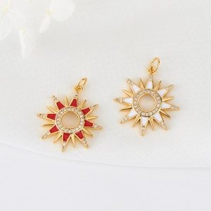 Golden sun charms with zircon inlay and red-white enamel for jewelry making