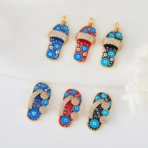 14K Gold Plated Brass Evil Eye Flip Flop Slipper Pendant Charm With Zirconia For DIY Necklace Bracelet Jewelry Making Accessories