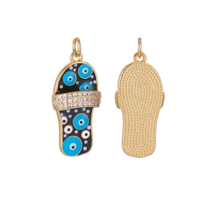 Copper-plated flip-flop pendant with blue evil eye enamel and sparkling zircons