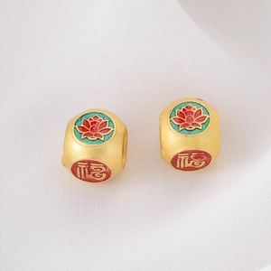Gold-plated enamel beads with red lotus flower and 'Fu' character for DIY bracelets