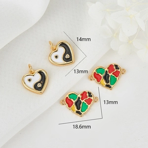 14K gold plated vintage heart charms with yin yang enamel and rainbow patterns