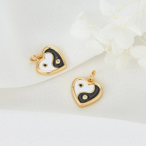 Pair of 14K gold-plated heart-shaped Yin Yang enamel pendants for DIY jewelry making