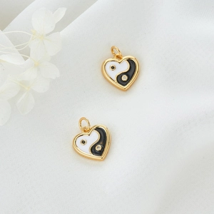 14K gold plated heart-shaped Yin Yang pendants with black and white enamel and zircon