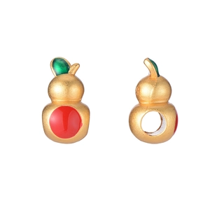 Matte gold persimmon charms with green leaf and red enamel for DIY jewelry making