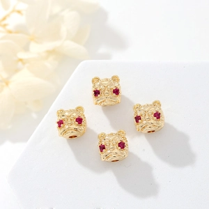 14k gold plated tiger head bead with red zircon eyes for DIY jewelry making