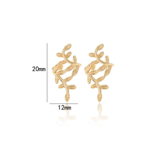 Leaf shaped 14k gold plated copper ear clips measuring 20mm by 12mm on white background