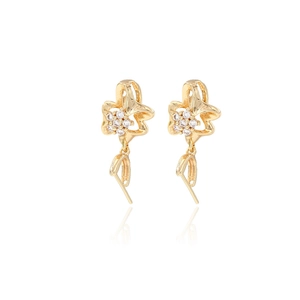 14k gold plated clover earrings with cubic zirconia stones and curved drop pendants