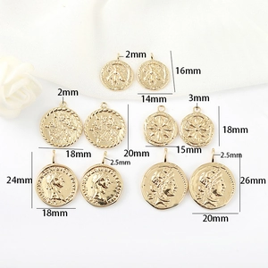 Detailed size chart for 14k gold-plated coin pendants with bee and portrait reliefs