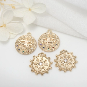 Vintage Round Evil Eye Coin Pendant For DIY Jewelry Making Copper Rhinestone Inlaid Gold Plated Celestial Charms Accessory