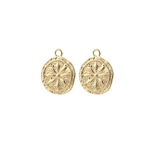 Pair of 14k gold plated round pendants with floral pattern and hammered edge texture