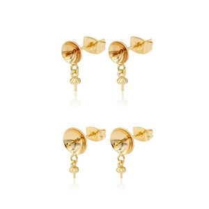 14K gold plated earring studs with pearl cup and hanging loops for DIY jewelry making