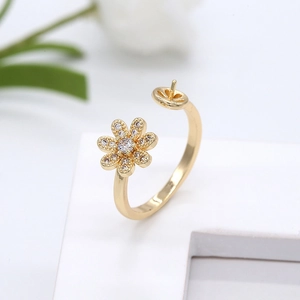 14K gold plated daisy open ring with zircon inlay and pearl base DIY jewelry component