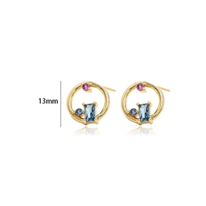 Close-up of 13mm gold earrings with blue and purple cubic zirconia stones