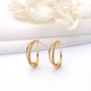 14K gold plated zircon studded interlocking loop earrings with 925 silver needles