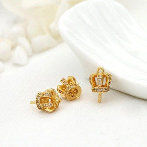 14K gold-plated crown pendant base with micro-paved zircons and threaded pin for DIY jewelry