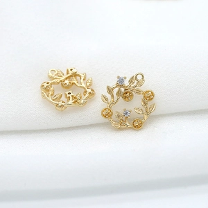 Pair of 14K gold plated wreath pendants with white zircons for DIY jewelry making