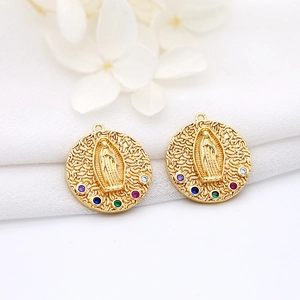 14K gold plated coin pendant featuring Virgin Mary relief and colorful cubic zirconia