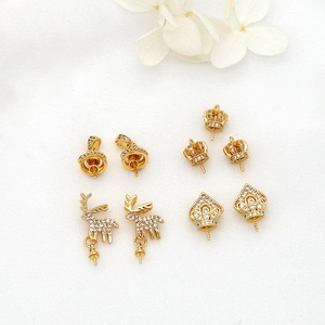14K Gold Plated Brass Cubic Zirconia Pendant Base Crown Elk Spiral Shape For DIY Artificial Pearl Earring Necklace Jewelry Making Findings