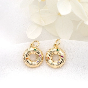 Minimalist 14K gold plated donut pendants with colorful cubic zirconia for DIY jewelry making