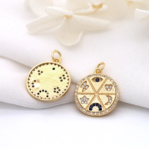 Golden geometric circle pendant with micro-pave zircons and mystic symbols